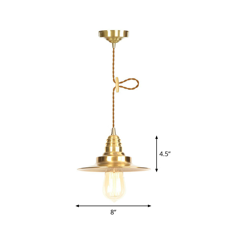 Iron Gold Finish Pendant Lamp Flat/Bowl/Cone Shade Single-Bulb Antiqued Suspension Lighting Fixture Clearhalo 'Art Deco Pendants' 'Cast Iron' 'Ceiling Lights' 'Ceramic' 'Crystal' 'Industrial Pendants' 'Industrial' 'Metal' 'Middle Century Pendants' 'Pendant Lights' 'Pendants' 'Tiffany' Lighting' 1916670