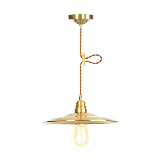 Iron Gold Finish Pendant Lamp Flat/Bowl/Cone Shade Single-Bulb Antiqued Suspension Lighting Fixture Clearhalo 'Art Deco Pendants' 'Cast Iron' 'Ceiling Lights' 'Ceramic' 'Crystal' 'Industrial Pendants' 'Industrial' 'Metal' 'Middle Century Pendants' 'Pendant Lights' 'Pendants' 'Tiffany' Lighting' 1916672