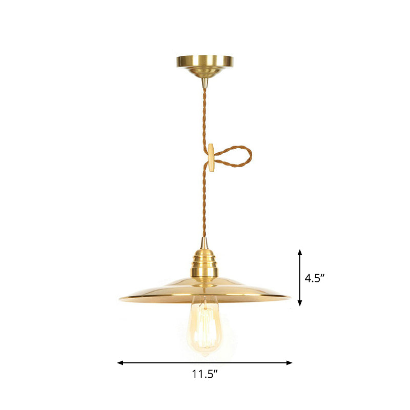 Iron Gold Finish Pendant Lamp Flat/Bowl/Cone Shade Single-Bulb Antiqued Suspension Lighting Fixture Clearhalo 'Art Deco Pendants' 'Cast Iron' 'Ceiling Lights' 'Ceramic' 'Crystal' 'Industrial Pendants' 'Industrial' 'Metal' 'Middle Century Pendants' 'Pendant Lights' 'Pendants' 'Tiffany' Lighting' 1916673