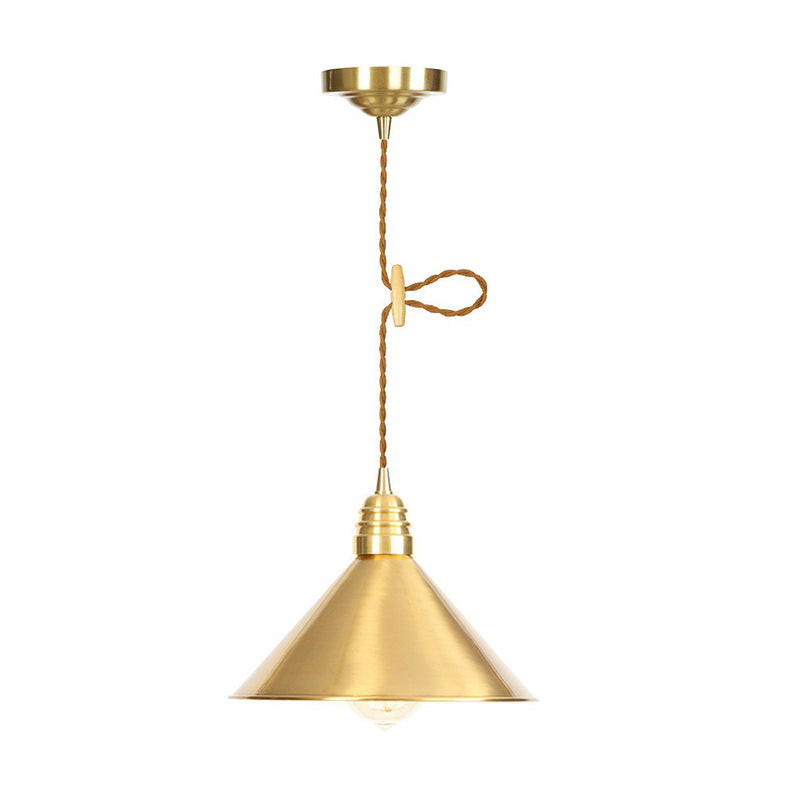 Iron Gold Finish Pendant Lamp Flat/Bowl/Cone Shade Single-Bulb Antiqued Suspension Lighting Fixture Clearhalo 'Art Deco Pendants' 'Cast Iron' 'Ceiling Lights' 'Ceramic' 'Crystal' 'Industrial Pendants' 'Industrial' 'Metal' 'Middle Century Pendants' 'Pendant Lights' 'Pendants' 'Tiffany' Lighting' 1916675