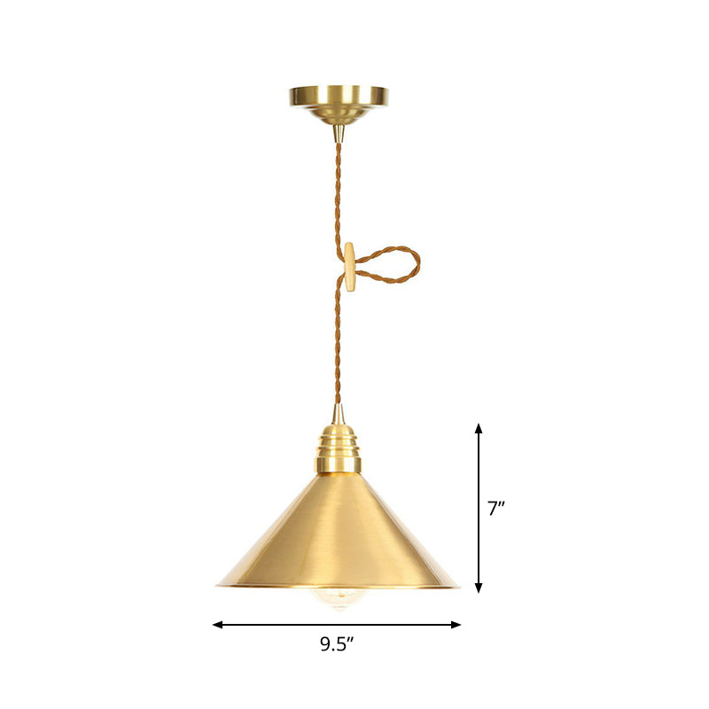 Iron Gold Finish Pendant Lamp Flat/Bowl/Cone Shade Single-Bulb Antiqued Suspension Lighting Fixture Clearhalo 'Art Deco Pendants' 'Cast Iron' 'Ceiling Lights' 'Ceramic' 'Crystal' 'Industrial Pendants' 'Industrial' 'Metal' 'Middle Century Pendants' 'Pendant Lights' 'Pendants' 'Tiffany' Lighting' 1916676