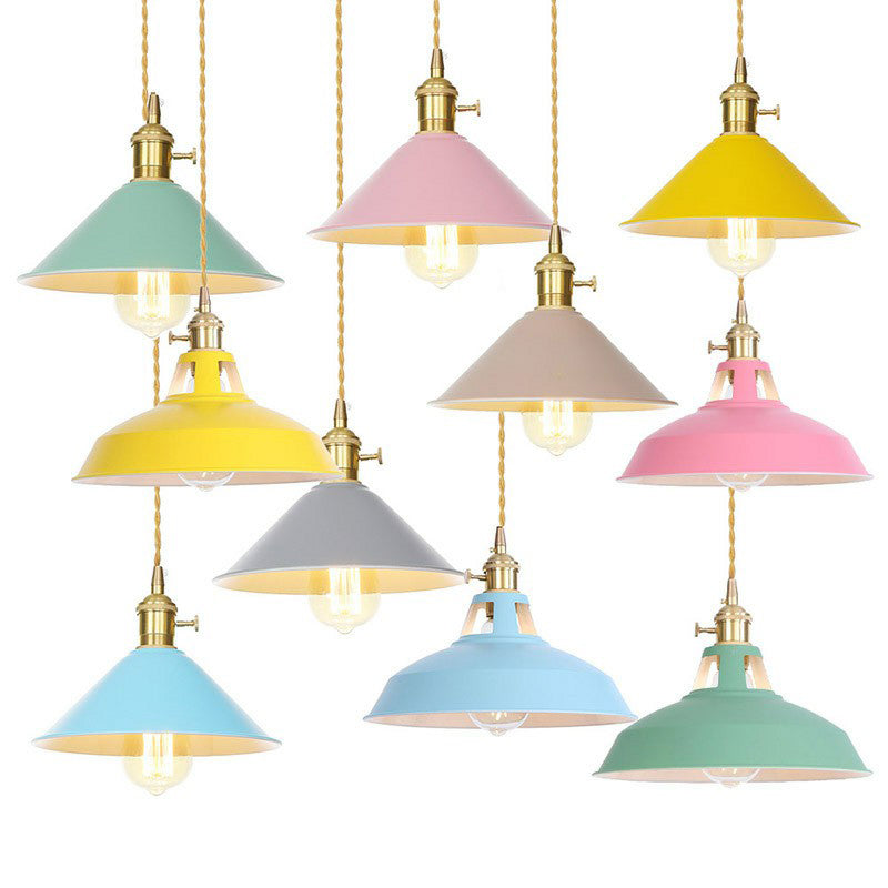 1 Bulb Ceiling Hang Lamp Nordic Kitchen Bar Pendant Light with Barn/Cone Iron Shade in Pink/Blue/Green Clearhalo 'Art Deco Pendants' 'Cast Iron' 'Ceiling Lights' 'Ceramic' 'Crystal' 'Industrial Pendants' 'Industrial' 'Metal' 'Middle Century Pendants' 'Pendant Lights' 'Pendants' 'Tiffany' Lighting' 1916712
