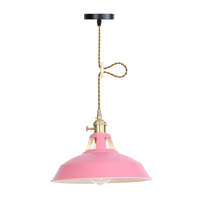 1 Bulb Ceiling Hang Lamp Nordic Kitchen Bar Pendant Light with Barn/Cone Iron Shade in Pink/Blue/Green Pink B Clearhalo 'Art Deco Pendants' 'Cast Iron' 'Ceiling Lights' 'Ceramic' 'Crystal' 'Industrial Pendants' 'Industrial' 'Metal' 'Middle Century Pendants' 'Pendant Lights' 'Pendants' 'Tiffany' Lighting' 1916713
