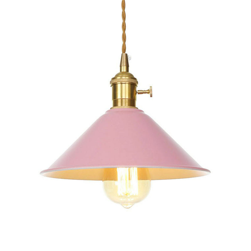 1 Bulb Ceiling Hang Lamp Nordic Kitchen Bar Pendant Light with Barn/Cone Iron Shade in Pink/Blue/Green Pink A Clearhalo 'Art Deco Pendants' 'Cast Iron' 'Ceiling Lights' 'Ceramic' 'Crystal' 'Industrial Pendants' 'Industrial' 'Metal' 'Middle Century Pendants' 'Pendant Lights' 'Pendants' 'Tiffany' Lighting' 1916715
