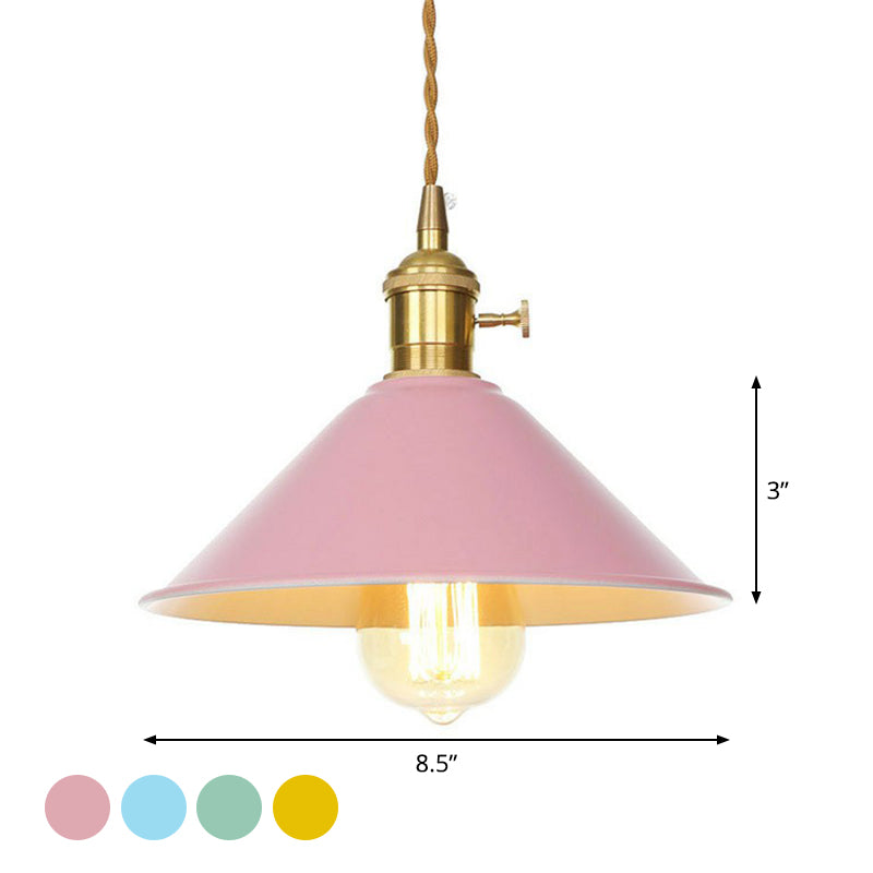 1 Bulb Ceiling Hang Lamp Nordic Kitchen Bar Pendant Light with Barn/Cone Iron Shade in Pink/Blue/Green Clearhalo 'Art Deco Pendants' 'Cast Iron' 'Ceiling Lights' 'Ceramic' 'Crystal' 'Industrial Pendants' 'Industrial' 'Metal' 'Middle Century Pendants' 'Pendant Lights' 'Pendants' 'Tiffany' Lighting' 1916716