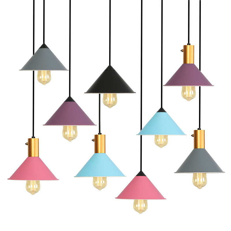 Conical Iron Drop Pendant Loft Style Single Dining Room Hanging Lamp with Rolled Edge in Pink/Blue/Grey Clearhalo 'Art Deco Pendants' 'Black' 'Cast Iron' 'Ceiling Lights' 'Ceramic' 'Crystal' 'Industrial Pendants' 'Industrial' 'Metal' 'Middle Century Pendants' 'Pendant Lights' 'Pendants' 'Rustic Pendants' 'Tiffany' Lighting' 1916725