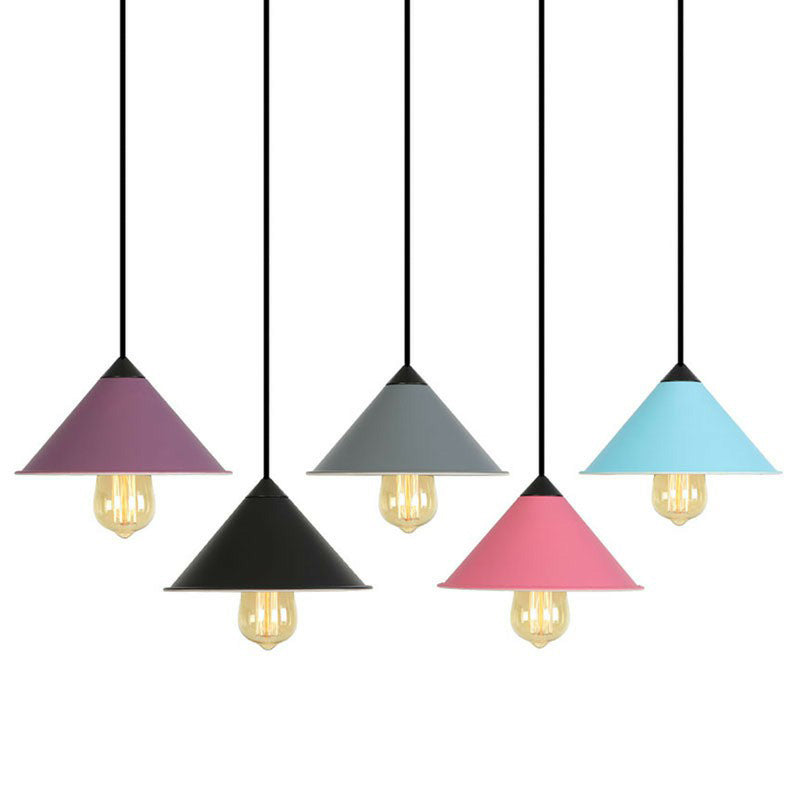 Conical Iron Drop Pendant Loft Style Single Dining Room Hanging Lamp with Rolled Edge in Pink/Blue/Grey Clearhalo 'Art Deco Pendants' 'Black' 'Cast Iron' 'Ceiling Lights' 'Ceramic' 'Crystal' 'Industrial Pendants' 'Industrial' 'Metal' 'Middle Century Pendants' 'Pendant Lights' 'Pendants' 'Rustic Pendants' 'Tiffany' Lighting' 1916726