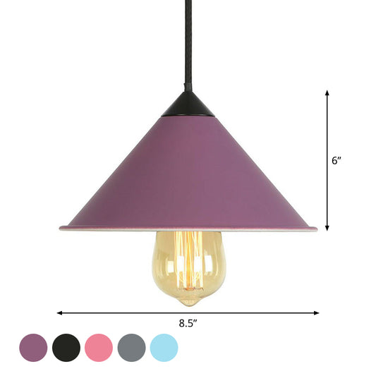 Conical Iron Drop Pendant Loft Style Single Dining Room Hanging Lamp with Rolled Edge in Pink/Blue/Grey Clearhalo 'Art Deco Pendants' 'Black' 'Cast Iron' 'Ceiling Lights' 'Ceramic' 'Crystal' 'Industrial Pendants' 'Industrial' 'Metal' 'Middle Century Pendants' 'Pendant Lights' 'Pendants' 'Rustic Pendants' 'Tiffany' Lighting' 1916728