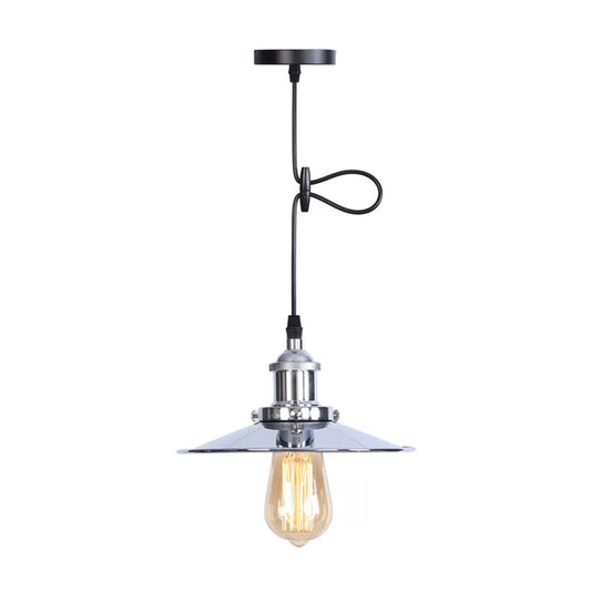 Warehouse Flared Hanging Light Fixture 1 Head Iron Ceiling Suspension Lamp in White/Chrome Chrome Clearhalo 'Art Deco Pendants' 'Cast Iron' 'Ceiling Lights' 'Ceramic' 'Crystal' 'Industrial Pendants' 'Industrial' 'Metal' 'Middle Century Pendants' 'Pendant Lights' 'Pendants' 'Tiffany' Lighting' 1916746