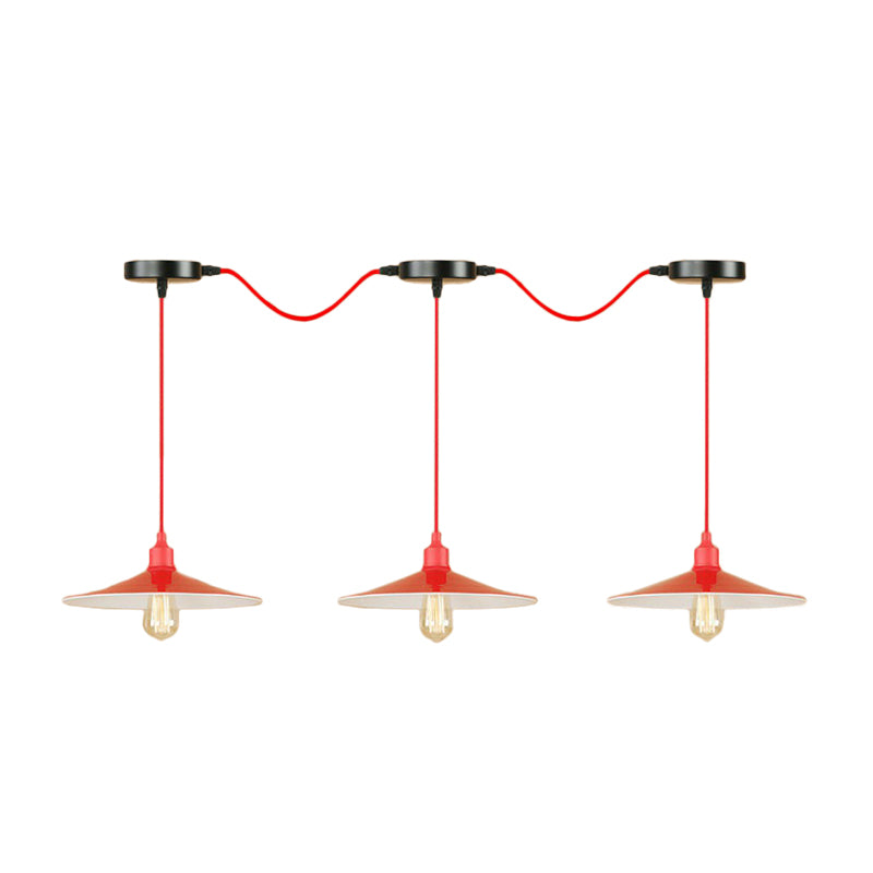 Red Saucer Suspension Lighting Factory Metal 1/3-Head Living Room Swag Pendant Light Clearhalo 'Art Deco Pendants' 'Cast Iron' 'Ceiling Lights' 'Ceramic' 'Crystal' 'Industrial Pendants' 'Industrial' 'Metal' 'Middle Century Pendants' 'Pendant Lights' 'Pendants' 'Tiffany' Lighting' 1916824