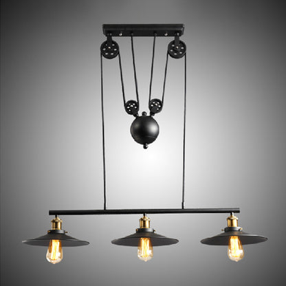 Black Flared Shade Island Lamp Rustic Metallic 3 Heads Dining Room Pendant Light with Pulley Black Clearhalo 'Ceiling Lights' 'Island Lights' Lighting' 1916832