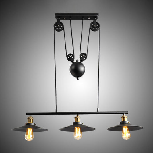 Black Flared Shade Island Lamp Rustic Metallic 3 Heads Dining Room Pendant Light with Pulley Black Clearhalo 'Ceiling Lights' 'Island Lights' Lighting' 1916832