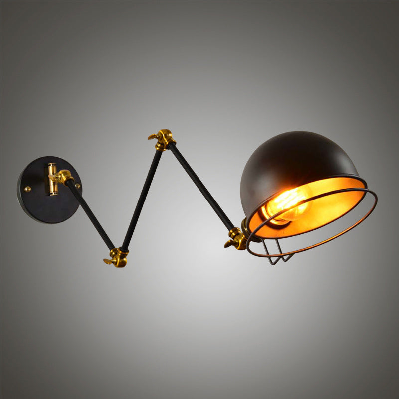 Bowl Restaurant Extendable Wall Lamp Vintage Metal Single Black Wall Mounted Light with Wire Guard, 4"+4"/8"+8"/12"+6" Wide Clearhalo 'Art deco wall lights' 'Cast Iron' 'Glass' 'Industrial wall lights' 'Industrial' 'Middle century wall lights' 'Modern' 'Rustic wall lights' 'Tiffany' 'Traditional wall lights' 'Wall Lamps & Sconces' 'Wall Lights' Lighting' 1916843