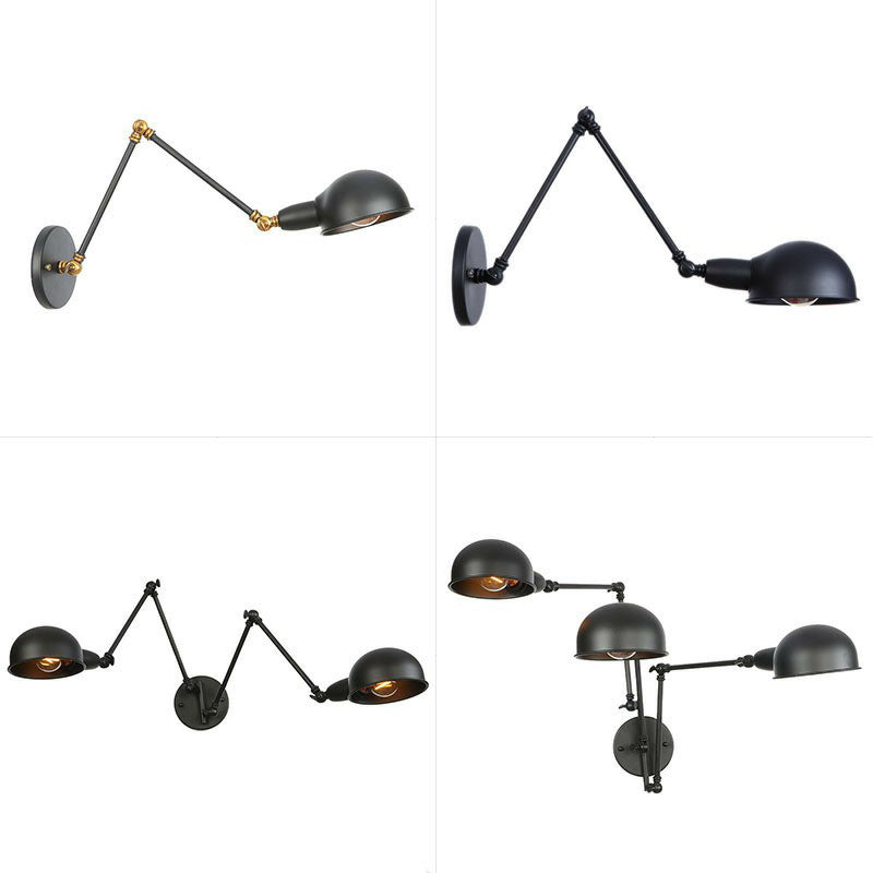 Industrial Dome Shade Wall Lamp Kit Single-Bulb Iron Wall Mount Light Fixture with Swing Arm in Black, 6"+6"/12"+6" W Clearhalo 'Art deco wall lights' 'Cast Iron' 'Glass' 'Industrial wall lights' 'Industrial' 'Middle century wall lights' 'Modern' 'Rustic wall lights' 'Tiffany' 'Traditional wall lights' 'Wall Lamps & Sconces' 'Wall Lights' Lighting' 1916911