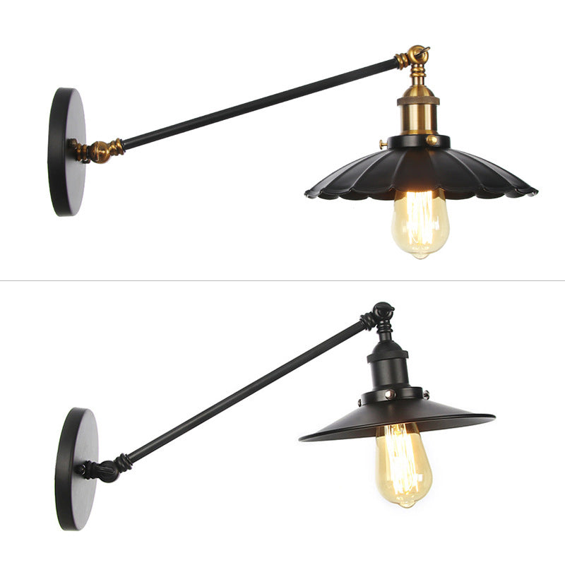 Horn/Flared/Scalloped Kitchen Wall Light Rustic Iron Single-Bulb Black Swing Arm Wall Lamp Fixture Clearhalo 'Art deco wall lights' 'Cast Iron' 'Glass' 'Industrial wall lights' 'Industrial' 'Middle century wall lights' 'Modern' 'Rustic wall lights' 'Tiffany' 'Traditional wall lights' 'Wall Lamps & Sconces' 'Wall Lights' Lighting' 1916984