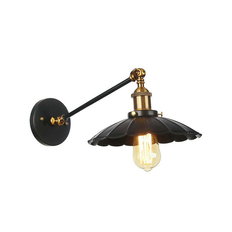 Horn/Flared/Scalloped Kitchen Wall Light Rustic Iron Single-Bulb Black Swing Arm Wall Lamp Fixture Clearhalo 'Art deco wall lights' 'Cast Iron' 'Glass' 'Industrial wall lights' 'Industrial' 'Middle century wall lights' 'Modern' 'Rustic wall lights' 'Tiffany' 'Traditional wall lights' 'Wall Lamps & Sconces' 'Wall Lights' Lighting' 1916992