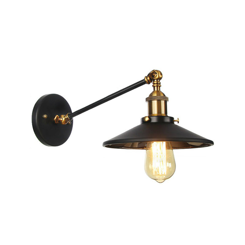 Horn/Flared/Scalloped Kitchen Wall Light Rustic Iron Single-Bulb Black Swing Arm Wall Lamp Fixture Clearhalo 'Art deco wall lights' 'Cast Iron' 'Glass' 'Industrial wall lights' 'Industrial' 'Middle century wall lights' 'Modern' 'Rustic wall lights' 'Tiffany' 'Traditional wall lights' 'Wall Lamps & Sconces' 'Wall Lights' Lighting' 1916995