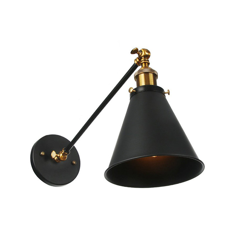 Horn/Flared/Scalloped Kitchen Wall Light Rustic Iron Single-Bulb Black Swing Arm Wall Lamp Fixture Black D Clearhalo 'Art deco wall lights' 'Cast Iron' 'Glass' 'Industrial wall lights' 'Industrial' 'Middle century wall lights' 'Modern' 'Rustic wall lights' 'Tiffany' 'Traditional wall lights' 'Wall Lamps & Sconces' 'Wall Lights' Lighting' 1916997