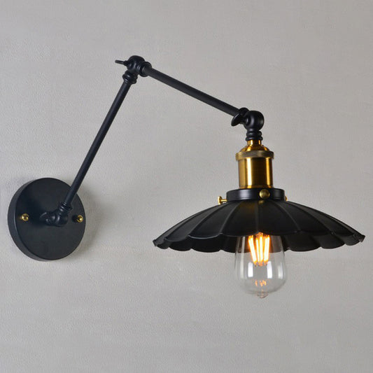 Loft Style Scalloped Wall Lamp 1 Head Iron Wall Mounted Light with Adjustable Arm in Black, 8"+8"/12"+12" W Black Clearhalo 'Art deco wall lights' 'Cast Iron' 'Glass' 'Industrial wall lights' 'Industrial' 'Middle century wall lights' 'Modern' 'Rustic wall lights' 'Tiffany' 'Traditional wall lights' 'Wall Lamps & Sconces' 'Wall Lights' Lighting' 1916999