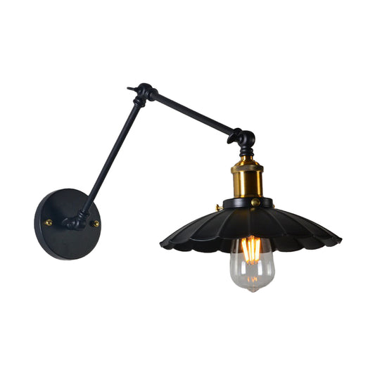 Loft Style Scalloped Wall Lamp 1 Head Iron Wall Mounted Light with Adjustable Arm in Black, 8"+8"/12"+12" W Clearhalo 'Art deco wall lights' 'Cast Iron' 'Glass' 'Industrial wall lights' 'Industrial' 'Middle century wall lights' 'Modern' 'Rustic wall lights' 'Tiffany' 'Traditional wall lights' 'Wall Lamps & Sconces' 'Wall Lights' Lighting' 1917000