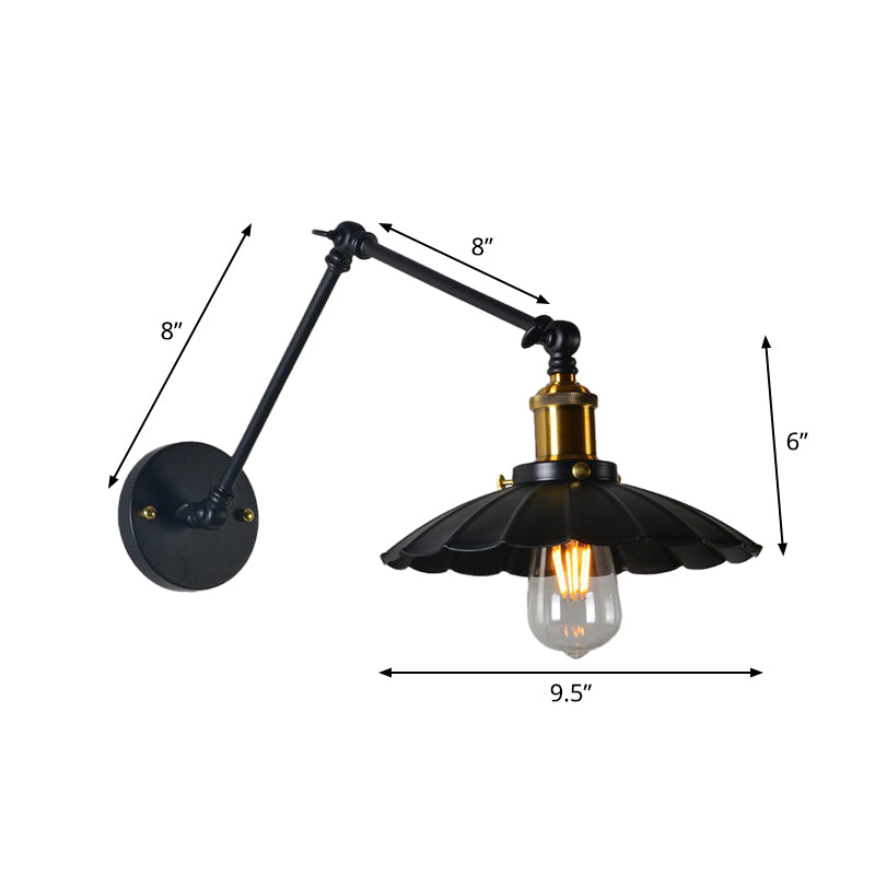 Loft Style Scalloped Wall Lamp 1 Head Iron Wall Mounted Light with Adjustable Arm in Black, 8"+8"/12"+12" W Clearhalo 'Art deco wall lights' 'Cast Iron' 'Glass' 'Industrial wall lights' 'Industrial' 'Middle century wall lights' 'Modern' 'Rustic wall lights' 'Tiffany' 'Traditional wall lights' 'Wall Lamps & Sconces' 'Wall Lights' Lighting' 1917001