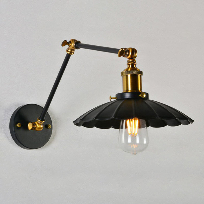 Scalloped Iron Wall Reading Lamp Loft 1 Bulb 8"+8"/12"+12" W Bedroom Wall Light with 2-Joint Adjustable Arm in Black/White-Brass Black Clearhalo 'Art deco wall lights' 'Cast Iron' 'Glass' 'Industrial wall lights' 'Industrial' 'Middle century wall lights' 'Modern' 'Rustic wall lights' 'Tiffany' 'Traditional wall lights' 'Wall Lamps & Sconces' 'Wall Lights' Lighting' 1917003_a72e39a3-7faf-471a-ae0f-273d2d01a194