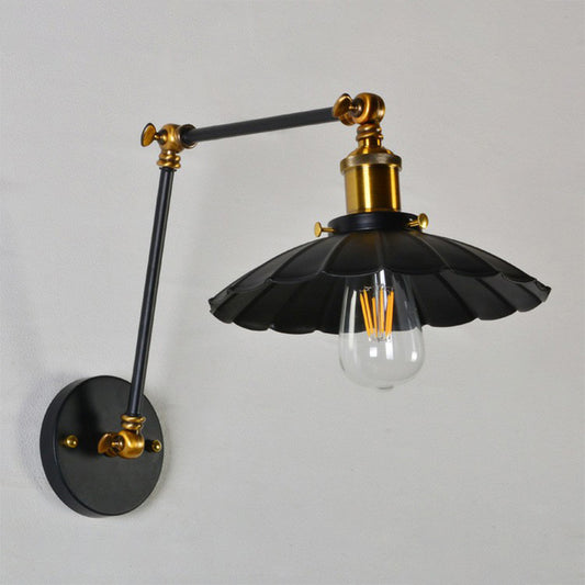 Scalloped Iron Wall Reading Lamp Loft 1 Bulb 8"+8"/12"+12" W Bedroom Wall Light with 2-Joint Adjustable Arm in Black/White-Brass Clearhalo 'Art deco wall lights' 'Cast Iron' 'Glass' 'Industrial wall lights' 'Industrial' 'Middle century wall lights' 'Modern' 'Rustic wall lights' 'Tiffany' 'Traditional wall lights' 'Wall Lamps & Sconces' 'Wall Lights' Lighting' 1917005_1af3a127-8b34-4115-a33c-fecfd9dd8aac
