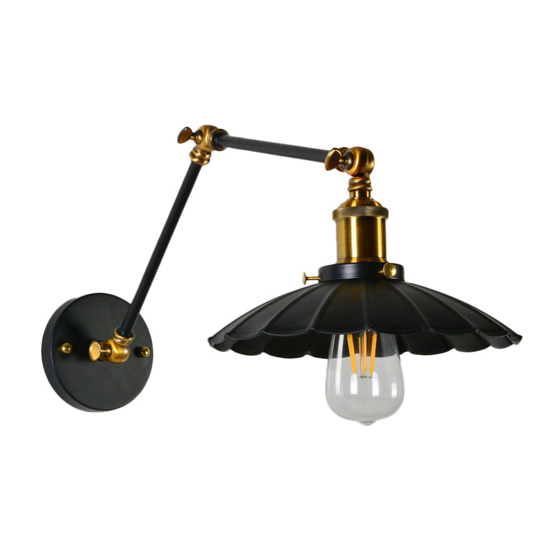 Scalloped Iron Wall Reading Lamp Loft 1 Bulb 8"+8"/12"+12" W Bedroom Wall Light with 2-Joint Adjustable Arm in Black/White-Brass Clearhalo 'Art deco wall lights' 'Cast Iron' 'Glass' 'Industrial wall lights' 'Industrial' 'Middle century wall lights' 'Modern' 'Rustic wall lights' 'Tiffany' 'Traditional wall lights' 'Wall Lamps & Sconces' 'Wall Lights' Lighting' 1917006