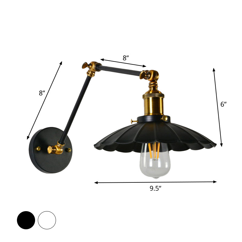 Scalloped Iron Wall Reading Lamp Loft 1 Bulb 8"+8"/12"+12" W Bedroom Wall Light with 2-Joint Adjustable Arm in Black/White-Brass Clearhalo 'Art deco wall lights' 'Cast Iron' 'Glass' 'Industrial wall lights' 'Industrial' 'Middle century wall lights' 'Modern' 'Rustic wall lights' 'Tiffany' 'Traditional wall lights' 'Wall Lamps & Sconces' 'Wall Lights' Lighting' 1917007