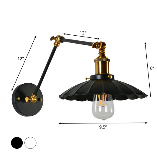Scalloped Iron Wall Reading Lamp Loft 1 Bulb 8"+8"/12"+12" W Bedroom Wall Light with 2-Joint Adjustable Arm in Black/White-Brass Clearhalo 'Art deco wall lights' 'Cast Iron' 'Glass' 'Industrial wall lights' 'Industrial' 'Middle century wall lights' 'Modern' 'Rustic wall lights' 'Tiffany' 'Traditional wall lights' 'Wall Lamps & Sconces' 'Wall Lights' Lighting' 1917008_b48805f6-76ea-46c3-9b78-09c4a2f552bc