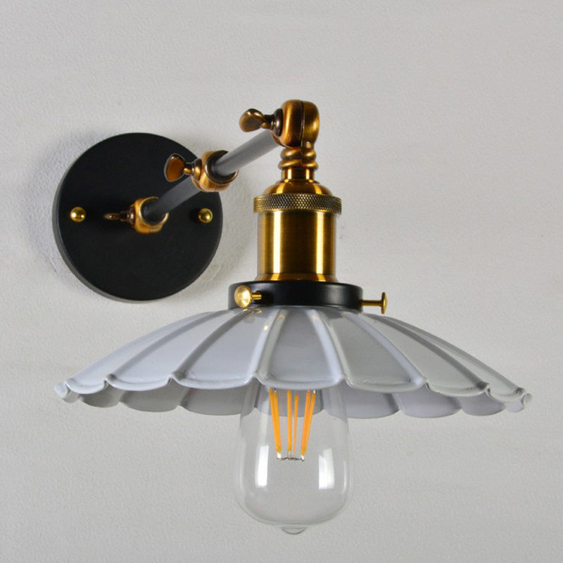 Scalloped Iron Wall Reading Lamp Loft 1 Bulb 8"+8"/12"+12" W Bedroom Wall Light with 2-Joint Adjustable Arm in Black/White-Brass Clearhalo 'Art deco wall lights' 'Cast Iron' 'Glass' 'Industrial wall lights' 'Industrial' 'Middle century wall lights' 'Modern' 'Rustic wall lights' 'Tiffany' 'Traditional wall lights' 'Wall Lamps & Sconces' 'Wall Lights' Lighting' 1917010