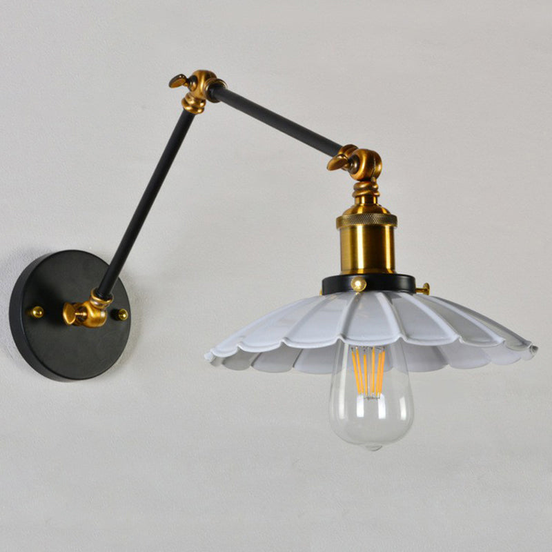 Scalloped Iron Wall Reading Lamp Loft 1 Bulb 8"+8"/12"+12" W Bedroom Wall Light with 2-Joint Adjustable Arm in Black/White-Brass Clearhalo 'Art deco wall lights' 'Cast Iron' 'Glass' 'Industrial wall lights' 'Industrial' 'Middle century wall lights' 'Modern' 'Rustic wall lights' 'Tiffany' 'Traditional wall lights' 'Wall Lamps & Sconces' 'Wall Lights' Lighting' 1917011