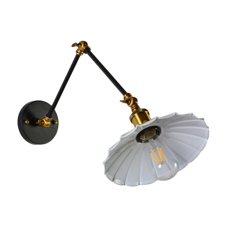 Scalloped Iron Wall Reading Lamp Loft 1 Bulb 8"+8"/12"+12" W Bedroom Wall Light with 2-Joint Adjustable Arm in Black/White-Brass Clearhalo 'Art deco wall lights' 'Cast Iron' 'Glass' 'Industrial wall lights' 'Industrial' 'Middle century wall lights' 'Modern' 'Rustic wall lights' 'Tiffany' 'Traditional wall lights' 'Wall Lamps & Sconces' 'Wall Lights' Lighting' 1917012_cb99b747-ea3b-4589-982b-2c3e52ea3b8f