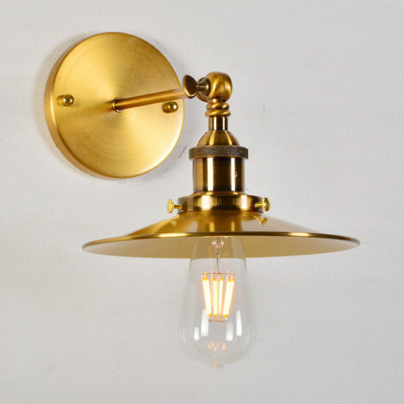 Gold Rotating Saucer Wall Light Fixture Industrial Metal 1-Light Dining Room Wall Mounted Lamp Gold Clearhalo 'Art deco wall lights' 'Cast Iron' 'Glass' 'Industrial wall lights' 'Industrial' 'Middle century wall lights' 'Modern' 'Rustic wall lights' 'Tiffany' 'Traditional wall lights' 'Wall Lamps & Sconces' 'Wall Lights' Lighting' 1917013