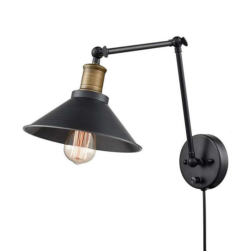 1 Head Swing Arm Wall Mounted Lamp Farmhouse Cone Metal Wall Light with/without Plug in Black Clearhalo 'Art deco wall lights' 'Cast Iron' 'Glass' 'Industrial wall lights' 'Industrial' 'Middle century wall lights' 'Modern' 'Rustic wall lights' 'Tiffany' 'Traditional wall lights' 'Wall Lamps & Sconces' 'Wall Lights' Lighting' 1917018