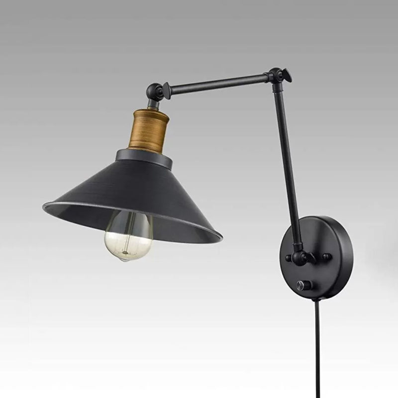 1 Head Swing Arm Wall Mounted Lamp Farmhouse Cone Metal Wall Light with/without Plug in Black Clearhalo 'Art deco wall lights' 'Cast Iron' 'Glass' 'Industrial wall lights' 'Industrial' 'Middle century wall lights' 'Modern' 'Rustic wall lights' 'Tiffany' 'Traditional wall lights' 'Wall Lamps & Sconces' 'Wall Lights' Lighting' 1917019
