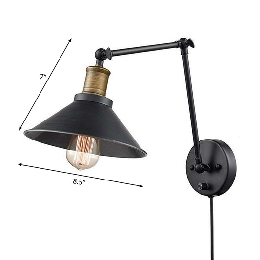 1 Head Swing Arm Wall Mounted Lamp Farmhouse Cone Metal Wall Light with/without Plug in Black Clearhalo 'Art deco wall lights' 'Cast Iron' 'Glass' 'Industrial wall lights' 'Industrial' 'Middle century wall lights' 'Modern' 'Rustic wall lights' 'Tiffany' 'Traditional wall lights' 'Wall Lamps & Sconces' 'Wall Lights' Lighting' 1917020