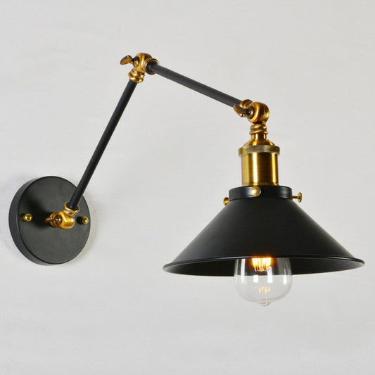 8"+8"/12"+12" W 1 Bulb Cone Wall Light Warehouse Black/White and Brass Iron Swing Arm Task Wall Lamp for Bedroom Black Clearhalo 'Art deco wall lights' 'Cast Iron' 'Glass' 'Industrial wall lights' 'Industrial' 'Middle century wall lights' 'Modern' 'Rustic wall lights' 'Tiffany' 'Traditional wall lights' 'Wall Lamps & Sconces' 'Wall Lights' Lighting' 1917022