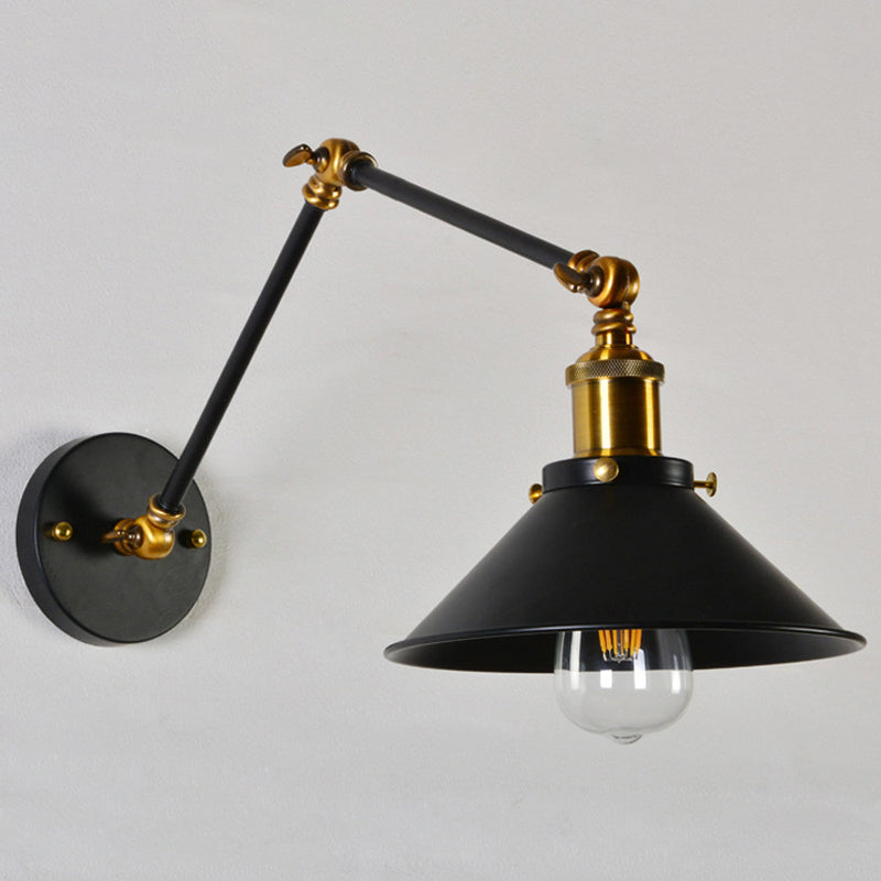 8"+8"/12"+12" W 1 Bulb Cone Wall Light Warehouse Black/White and Brass Iron Swing Arm Task Wall Lamp for Bedroom Clearhalo 'Art deco wall lights' 'Cast Iron' 'Glass' 'Industrial wall lights' 'Industrial' 'Middle century wall lights' 'Modern' 'Rustic wall lights' 'Tiffany' 'Traditional wall lights' 'Wall Lamps & Sconces' 'Wall Lights' Lighting' 1917023