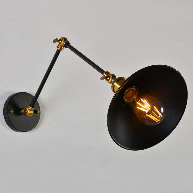8"+8"/12"+12" W 1 Bulb Cone Wall Light Warehouse Black/White and Brass Iron Swing Arm Task Wall Lamp for Bedroom Clearhalo 'Art deco wall lights' 'Cast Iron' 'Glass' 'Industrial wall lights' 'Industrial' 'Middle century wall lights' 'Modern' 'Rustic wall lights' 'Tiffany' 'Traditional wall lights' 'Wall Lamps & Sconces' 'Wall Lights' Lighting' 1917024