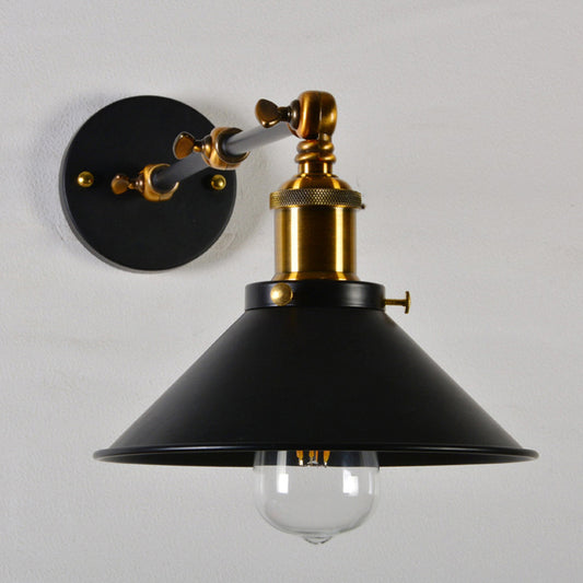 8"+8"/12"+12" W 1 Bulb Cone Wall Light Warehouse Black/White and Brass Iron Swing Arm Task Wall Lamp for Bedroom Clearhalo 'Art deco wall lights' 'Cast Iron' 'Glass' 'Industrial wall lights' 'Industrial' 'Middle century wall lights' 'Modern' 'Rustic wall lights' 'Tiffany' 'Traditional wall lights' 'Wall Lamps & Sconces' 'Wall Lights' Lighting' 1917025