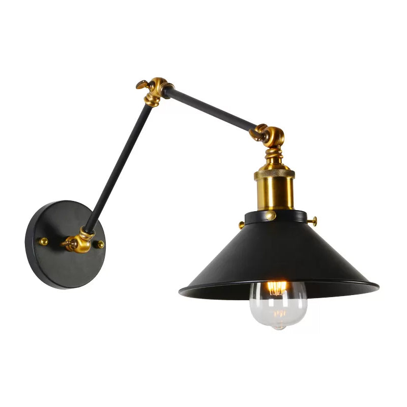 8"+8"/12"+12" W 1 Bulb Cone Wall Light Warehouse Black/White and Brass Iron Swing Arm Task Wall Lamp for Bedroom Clearhalo 'Art deco wall lights' 'Cast Iron' 'Glass' 'Industrial wall lights' 'Industrial' 'Middle century wall lights' 'Modern' 'Rustic wall lights' 'Tiffany' 'Traditional wall lights' 'Wall Lamps & Sconces' 'Wall Lights' Lighting' 1917026
