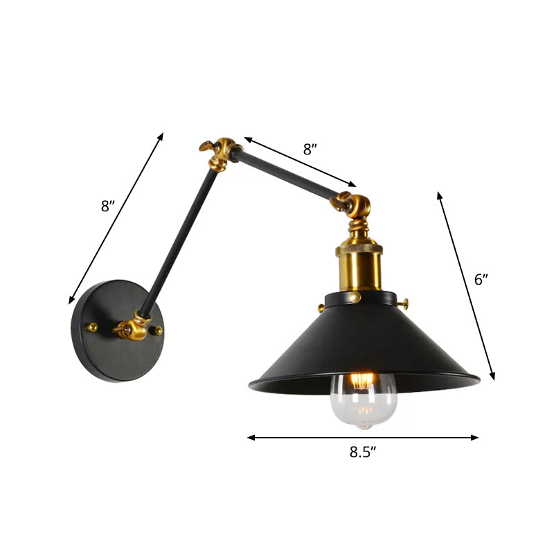 8"+8"/12"+12" W 1 Bulb Cone Wall Light Warehouse Black/White and Brass Iron Swing Arm Task Wall Lamp for Bedroom Clearhalo 'Art deco wall lights' 'Cast Iron' 'Glass' 'Industrial wall lights' 'Industrial' 'Middle century wall lights' 'Modern' 'Rustic wall lights' 'Tiffany' 'Traditional wall lights' 'Wall Lamps & Sconces' 'Wall Lights' Lighting' 1917027
