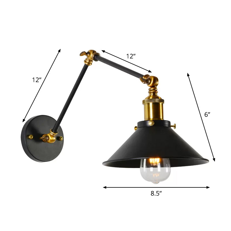 8"+8"/12"+12" W 1 Bulb Cone Wall Light Warehouse Black/White and Brass Iron Swing Arm Task Wall Lamp for Bedroom Clearhalo 'Art deco wall lights' 'Cast Iron' 'Glass' 'Industrial wall lights' 'Industrial' 'Middle century wall lights' 'Modern' 'Rustic wall lights' 'Tiffany' 'Traditional wall lights' 'Wall Lamps & Sconces' 'Wall Lights' Lighting' 1917028