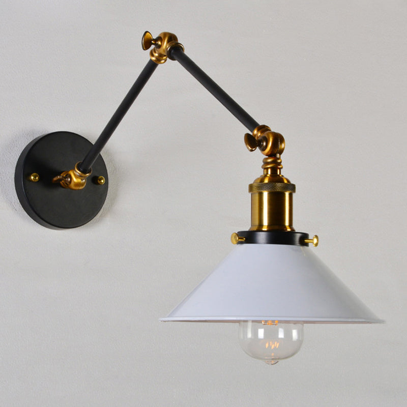 8"+8"/12"+12" W 1 Bulb Cone Wall Light Warehouse Black/White and Brass Iron Swing Arm Task Wall Lamp for Bedroom White Clearhalo 'Art deco wall lights' 'Cast Iron' 'Glass' 'Industrial wall lights' 'Industrial' 'Middle century wall lights' 'Modern' 'Rustic wall lights' 'Tiffany' 'Traditional wall lights' 'Wall Lamps & Sconces' 'Wall Lights' Lighting' 1917029