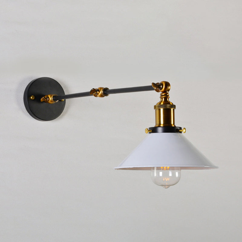 8"+8"/12"+12" W 1 Bulb Cone Wall Light Warehouse Black/White and Brass Iron Swing Arm Task Wall Lamp for Bedroom Clearhalo 'Art deco wall lights' 'Cast Iron' 'Glass' 'Industrial wall lights' 'Industrial' 'Middle century wall lights' 'Modern' 'Rustic wall lights' 'Tiffany' 'Traditional wall lights' 'Wall Lamps & Sconces' 'Wall Lights' Lighting' 1917030
