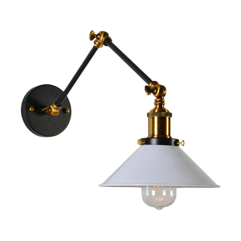 8"+8"/12"+12" W 1 Bulb Cone Wall Light Warehouse Black/White and Brass Iron Swing Arm Task Wall Lamp for Bedroom Clearhalo 'Art deco wall lights' 'Cast Iron' 'Glass' 'Industrial wall lights' 'Industrial' 'Middle century wall lights' 'Modern' 'Rustic wall lights' 'Tiffany' 'Traditional wall lights' 'Wall Lamps & Sconces' 'Wall Lights' Lighting' 1917031