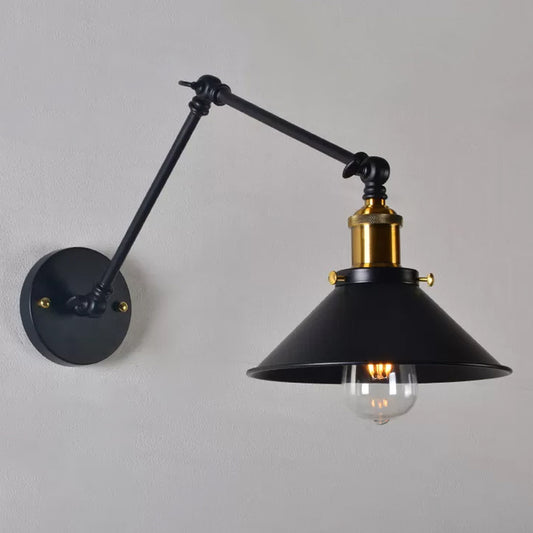 Iron Black/White-Brass Reading Wall Lamp Conical 1-Light Factory Wall Lighting with 8"+8"/12"+12" Wide Swing Arm Black Clearhalo 'Art deco wall lights' 'Cast Iron' 'Glass' 'Industrial wall lights' 'Industrial' 'Middle century wall lights' 'Modern' 'Rustic wall lights' 'Tiffany' 'Traditional wall lights' 'Wall Lamps & Sconces' 'Wall Lights' Lighting' 1917032