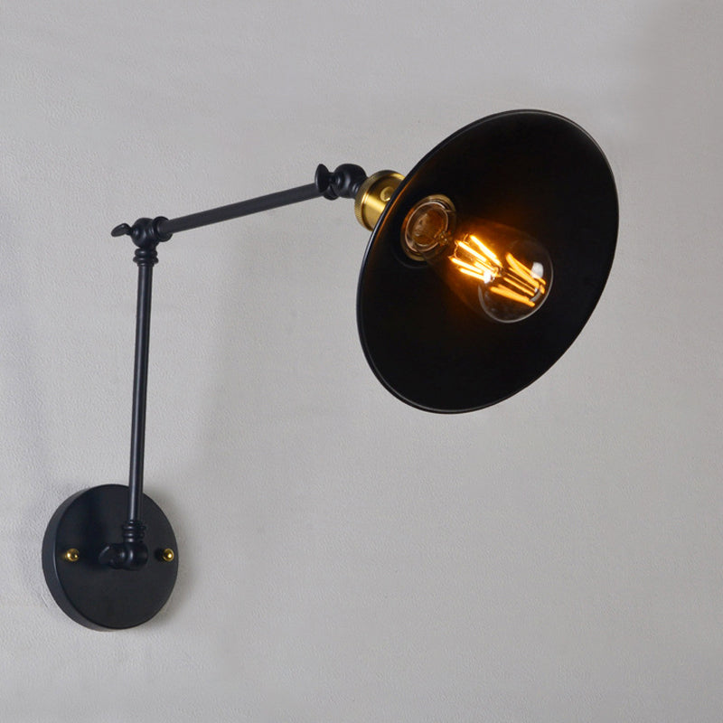 Iron Black/White-Brass Reading Wall Lamp Conical 1-Light Factory Wall Lighting with 8"+8"/12"+12" Wide Swing Arm Clearhalo 'Art deco wall lights' 'Cast Iron' 'Glass' 'Industrial wall lights' 'Industrial' 'Middle century wall lights' 'Modern' 'Rustic wall lights' 'Tiffany' 'Traditional wall lights' 'Wall Lamps & Sconces' 'Wall Lights' Lighting' 1917033