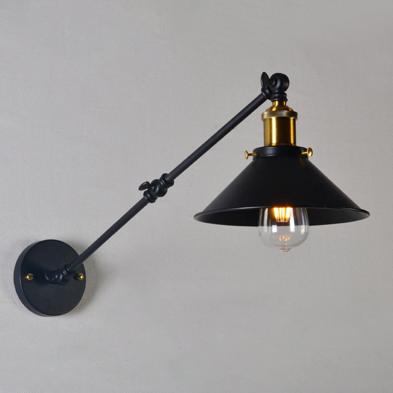Iron Black/White-Brass Reading Wall Lamp Conical 1-Light Factory Wall Lighting with 8"+8"/12"+12" Wide Swing Arm Clearhalo 'Art deco wall lights' 'Cast Iron' 'Glass' 'Industrial wall lights' 'Industrial' 'Middle century wall lights' 'Modern' 'Rustic wall lights' 'Tiffany' 'Traditional wall lights' 'Wall Lamps & Sconces' 'Wall Lights' Lighting' 1917034